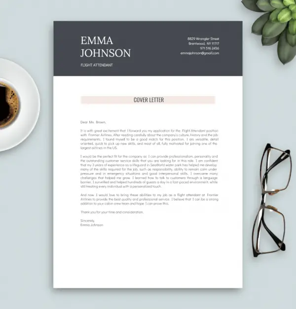 cover letter template for flight attendant (rose and grey)