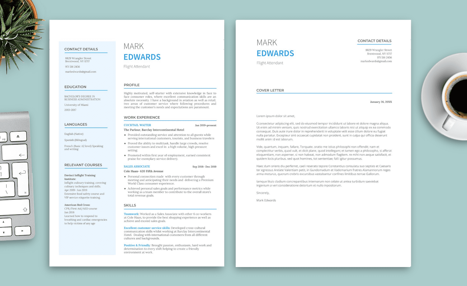 blue resume and cover letter for flight attendant