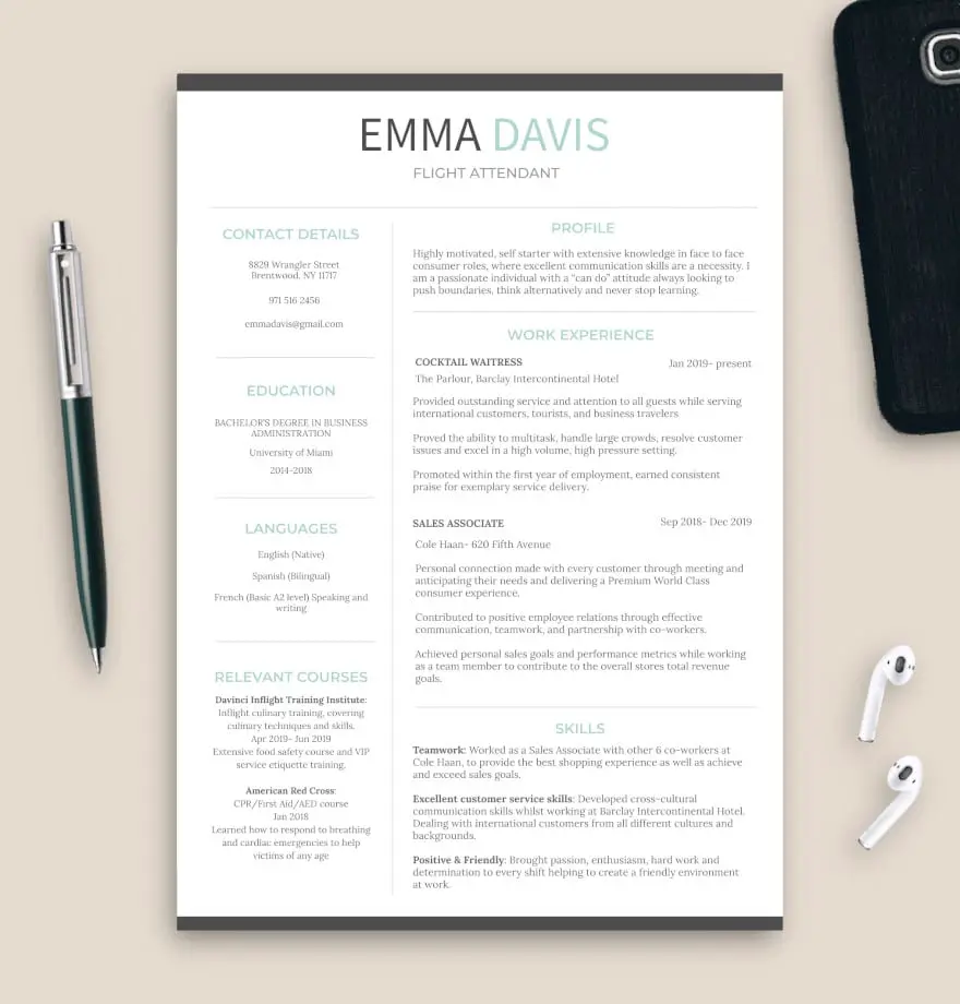 cv flight attendant template without photo