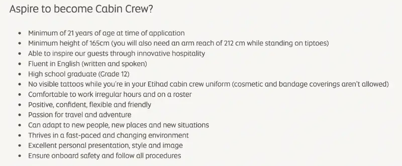 etihad cabin crew official requirements