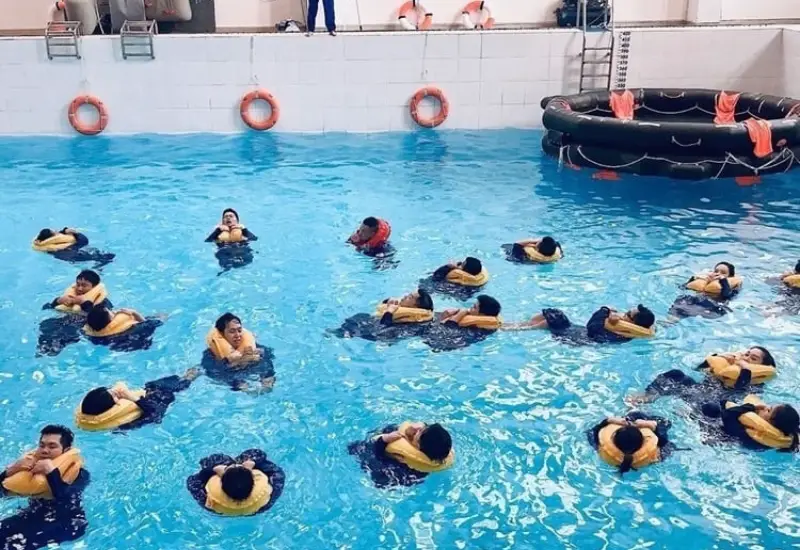 flight attendants in swimming pool