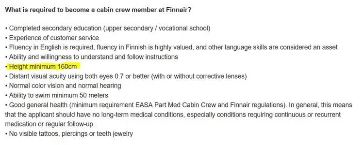 finnair height requirements