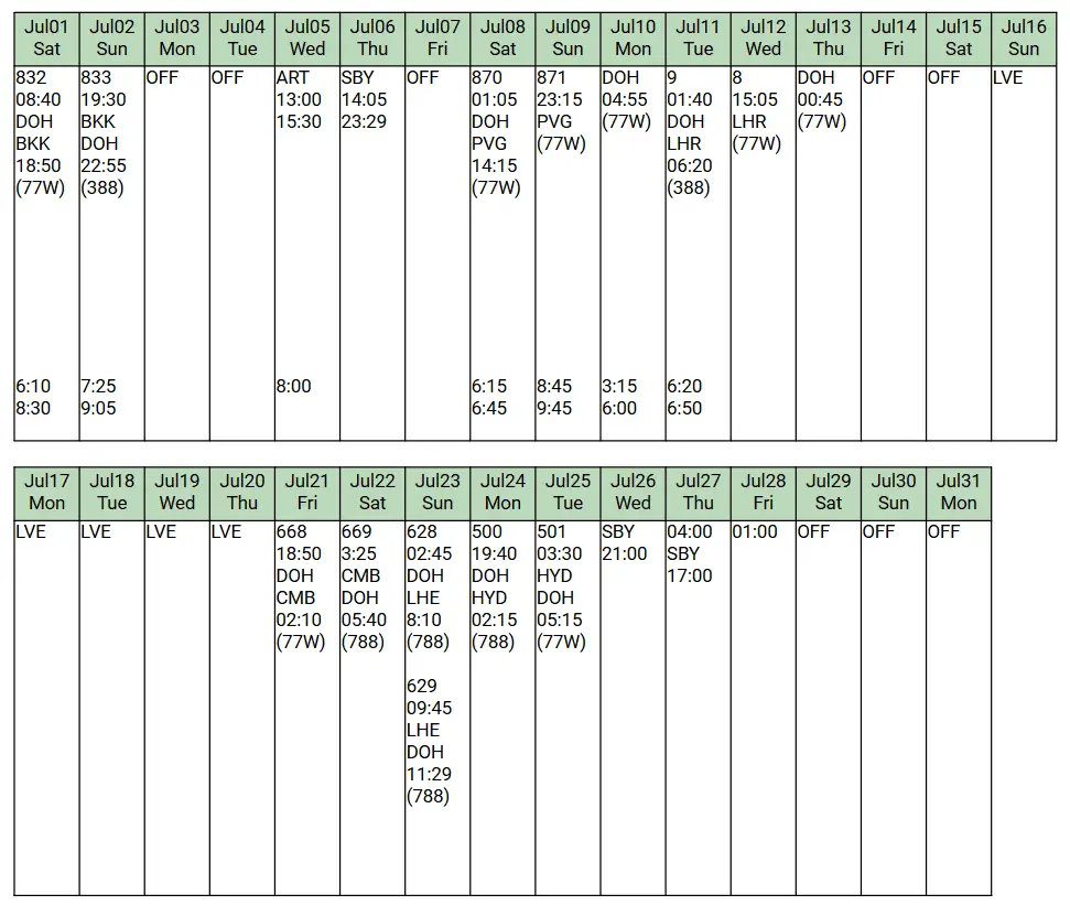 Qatar Airways cabin crew schedule example